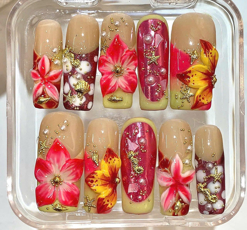 3D Floral Press On Nails | Red Pink Pearl, Gold Charm