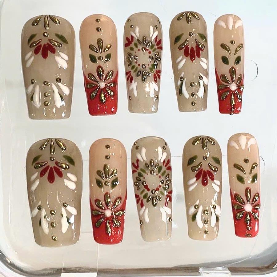 Vintage Floral Press On Nails: Red & Olive Green 3D Nail Art