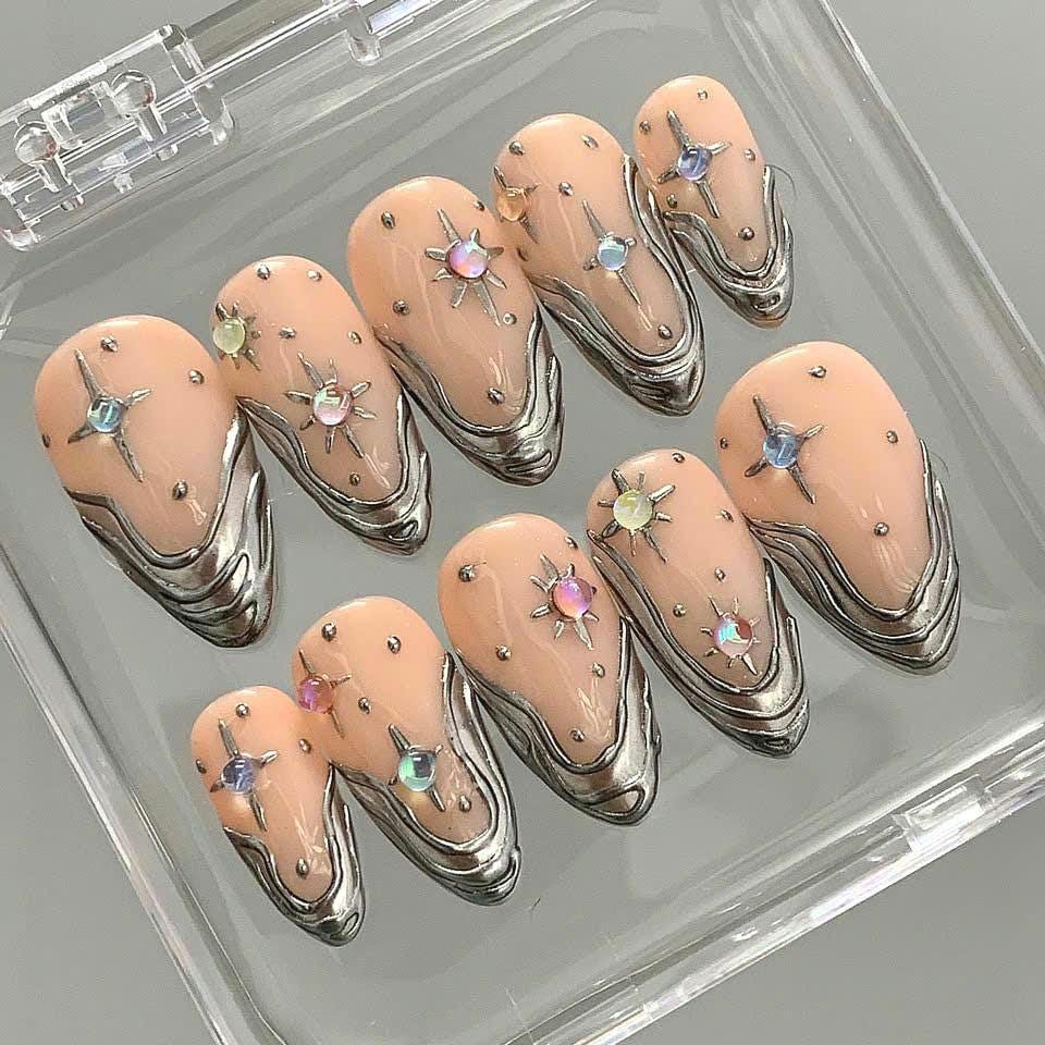 Chrome Star Press On Nails – Nude Silver Galaxy Nail Set