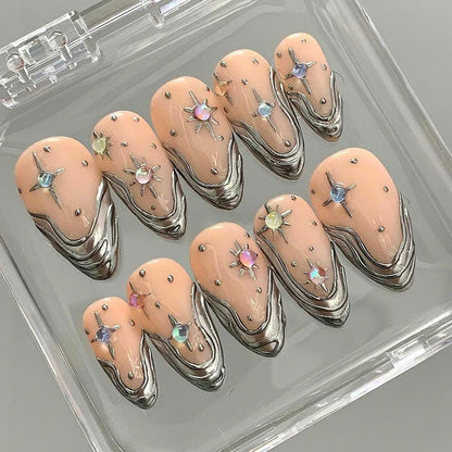 Chrome Star Press On Nails – Nude Silver Galaxy Nail Set