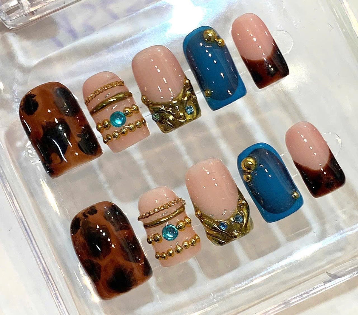 Tortoiseshell Teal Press On Nails | Luxury Gold Charm Gemstone Statement Set