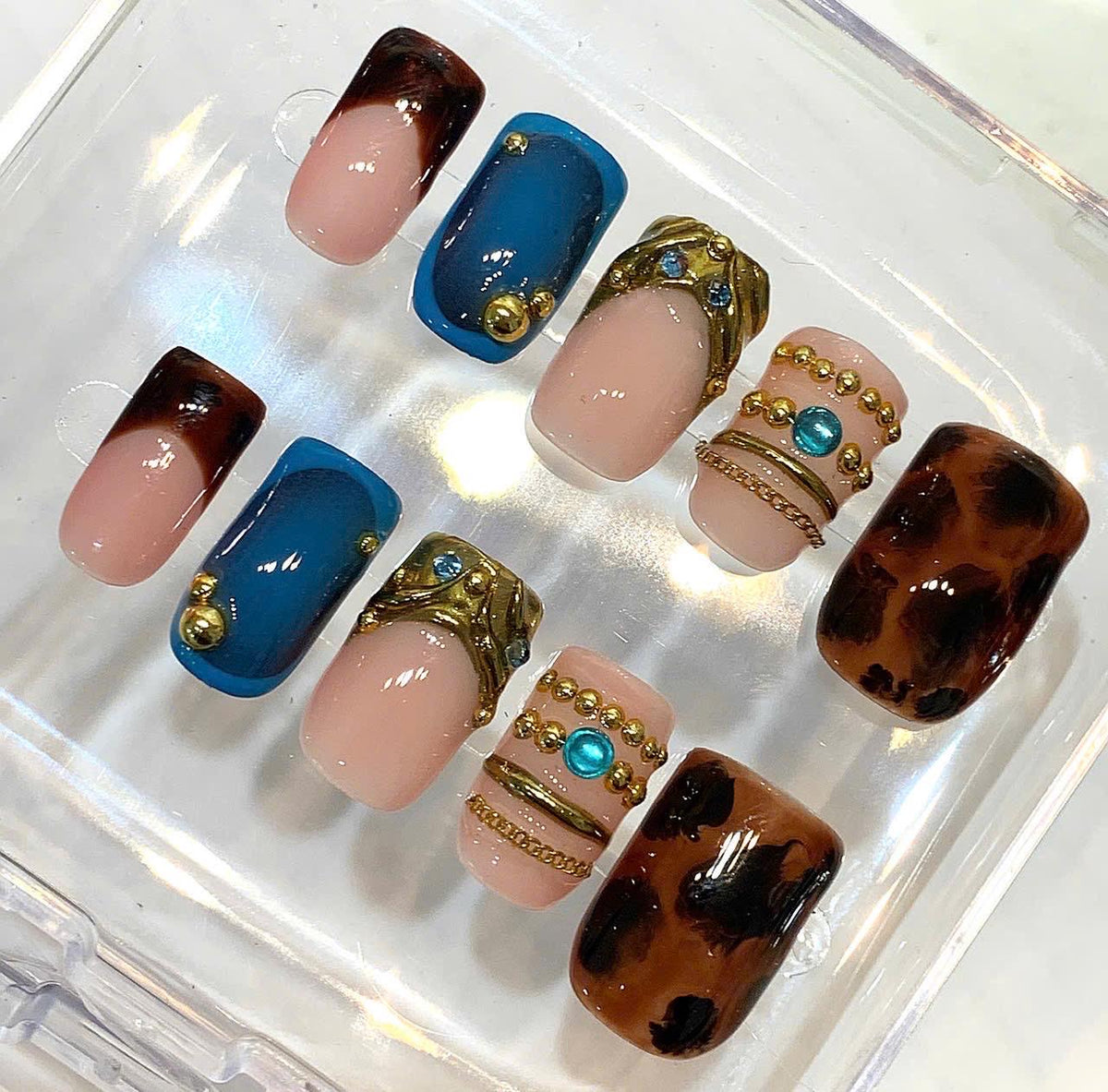 Tortoiseshell Teal Press On Nails | Luxury Gold Charm Gemstone Statement Set