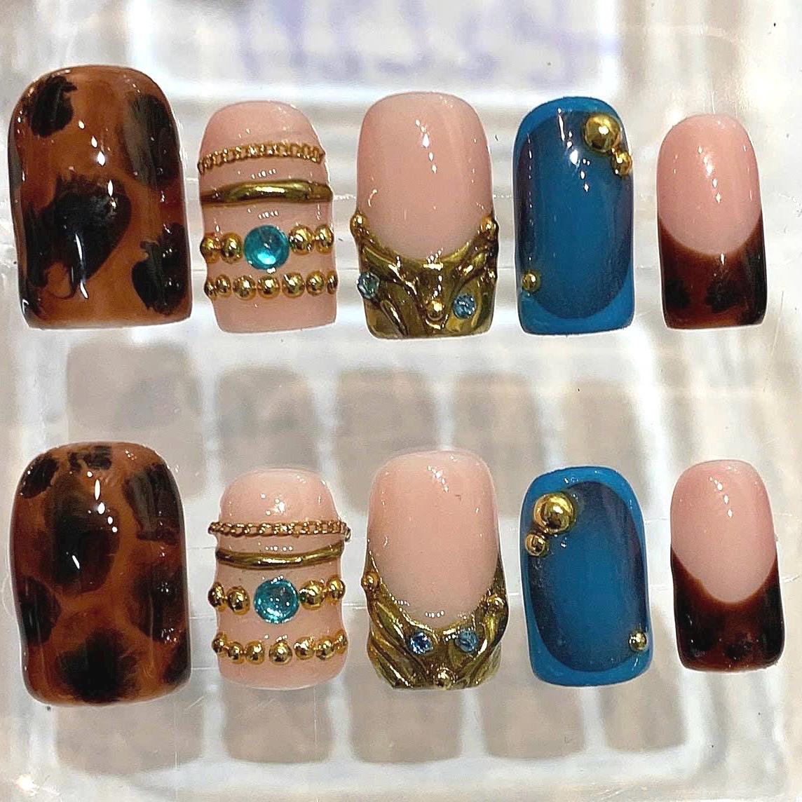 Tortoiseshell Teal Press On Nails | Luxury Gold Charm Gemstone Statement Set