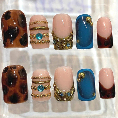 Tortoiseshell Teal Press On Nails | Luxury Gold Charm Gemstone Statement Set