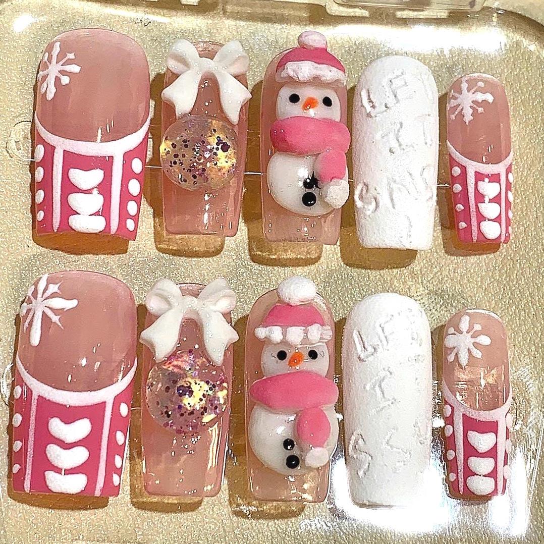 3D Snowman Press On Nails: Pink Winter Holiday Nail Art