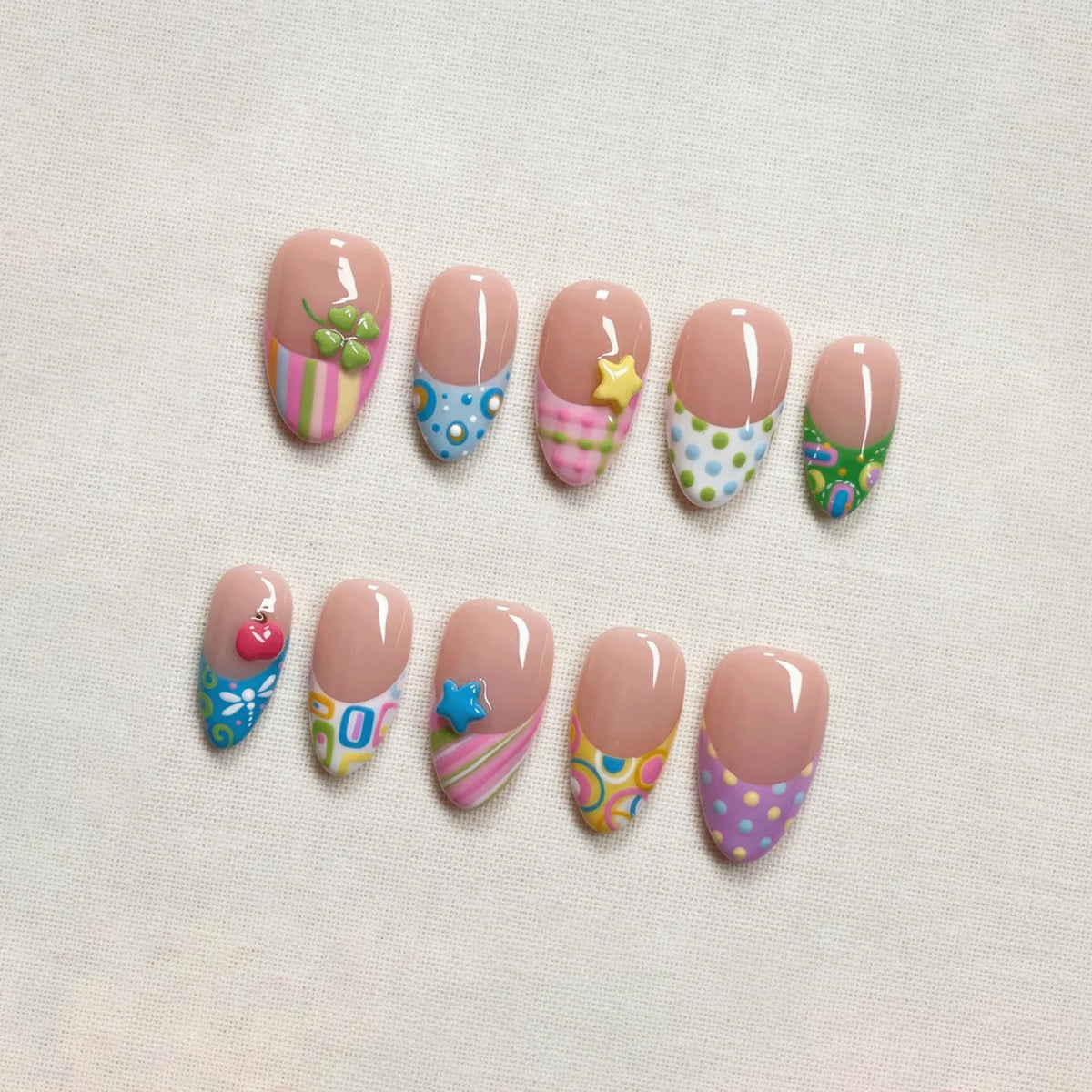 Colorful Retro Press On Nails, Cute Gingham Nails, Pastel Pattern Mix, Polka Dot Stripe Star, Handmade Gel Nails