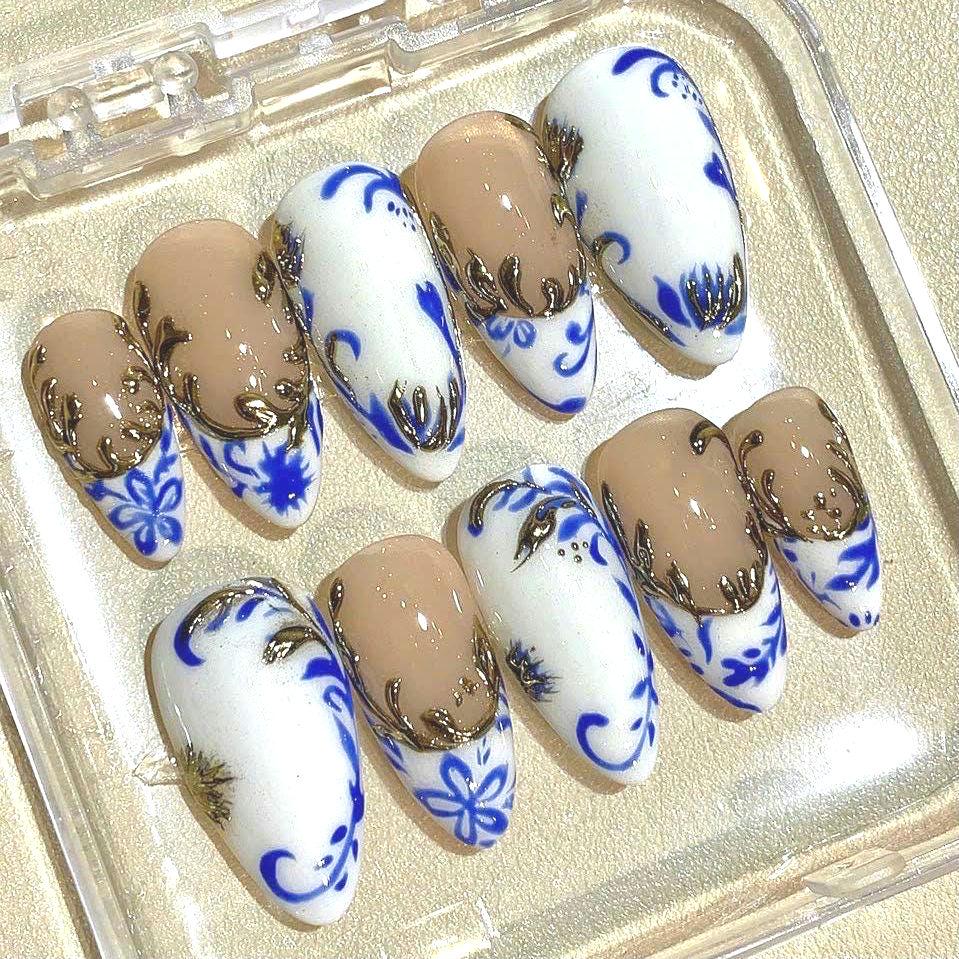 Blue & White Floral Press On Nails: Gold Baroque Accent, Handmade Luxury