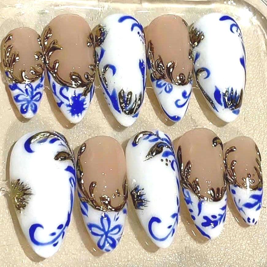 Blue & White Floral Press On Nails: Gold Baroque Accent, Handmade Luxury