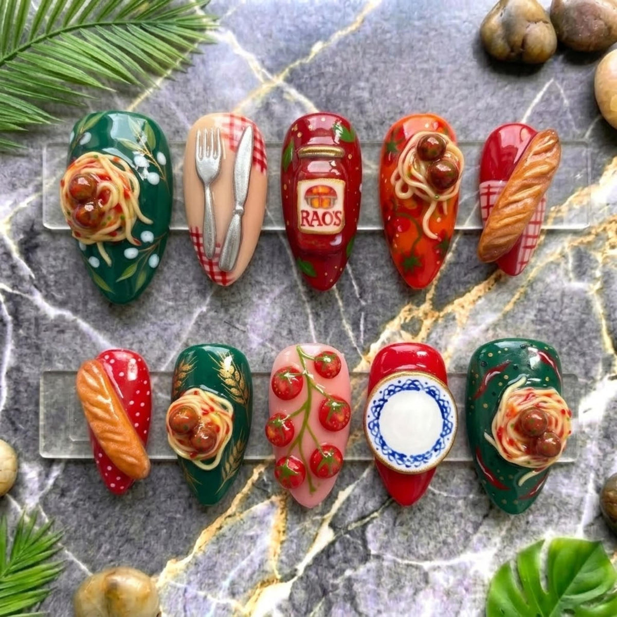 Italian Food Press On Nails | Fun 3D Almond Nail Set | Pasta Tomato Bread Plate Nail Art | Handcrafted Nails | Cute Gourmet Nails
