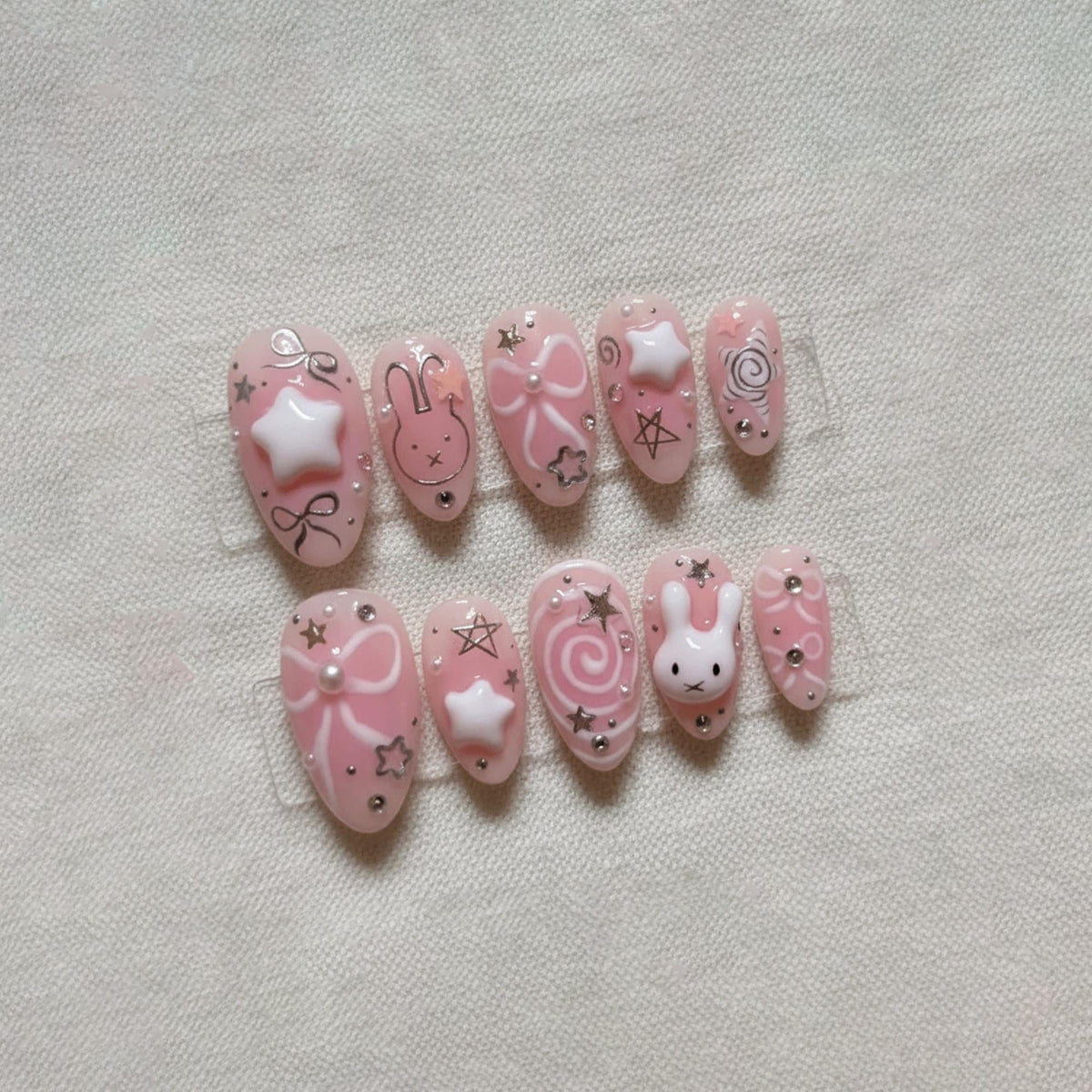 Pink Kawaii Press On Nails, 3D Bunny Star Nails, Cute Bow Pink Nails, Handmade Gel Nails