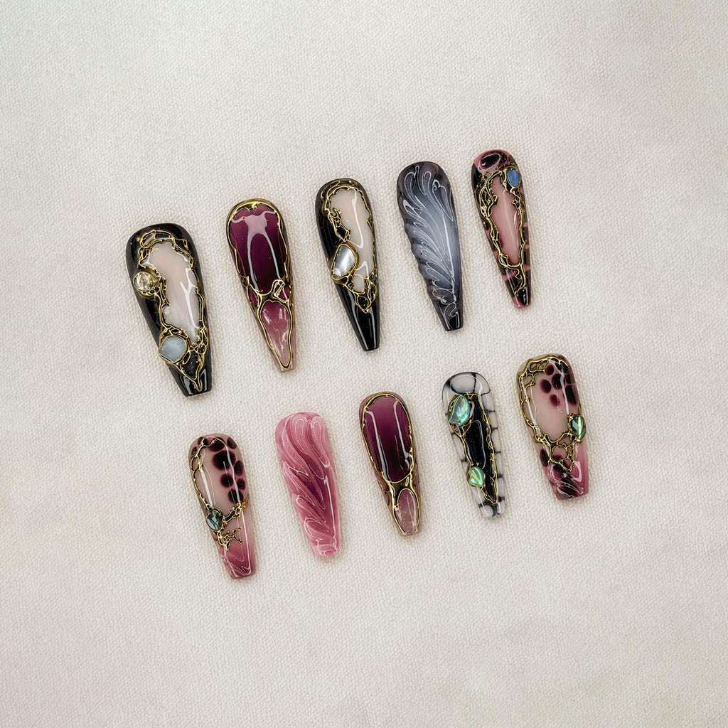 Gothic Luxury Press On Nails, Y2K Cyber Marble Nails, Dark Red Black Gold Nails, Gold Chrome Nail Designs