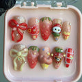 Kawaii Strawberry Press On Nails, 3D Bow Cute Nails, Handmade Reusable Gel Nails, Dessert Nails, Gift for Her