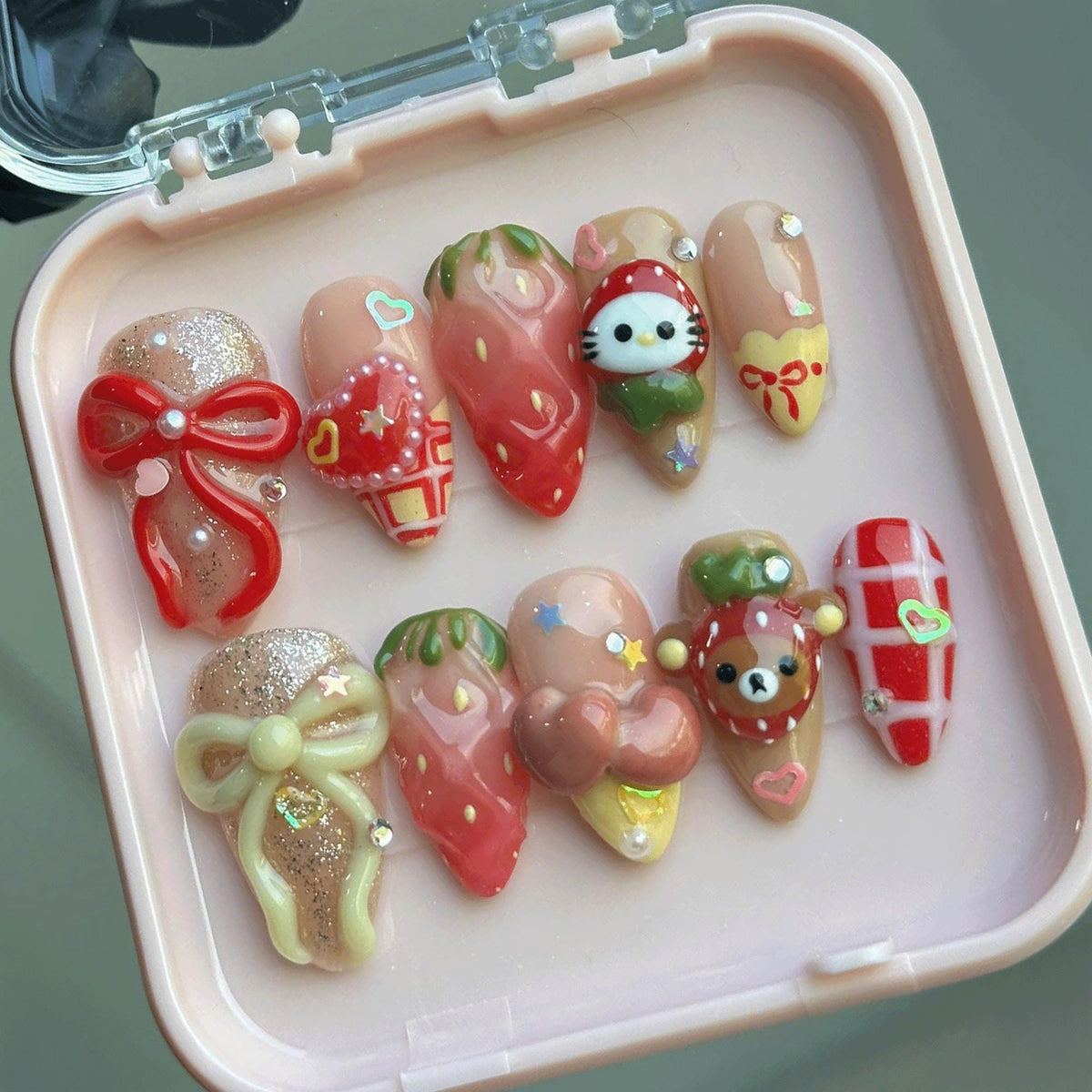 Kawaii Strawberry Press On Nails, 3D Bow Cute Nails, Handmade Reusable Gel Nails, Dessert Nails, Gift for Her