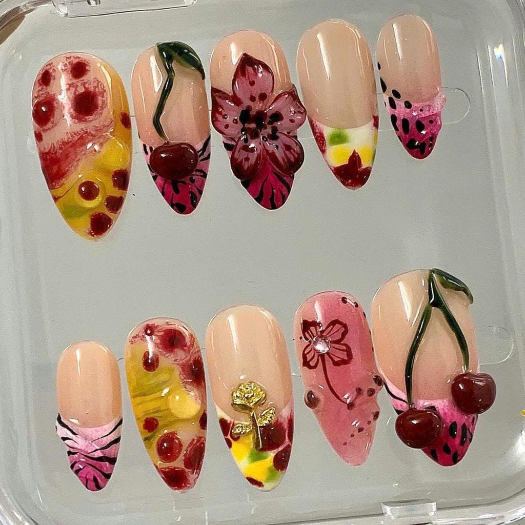 Cherry Floral Press On Nails | Nude Pink Fruit Nails | 3D Flower Sweet Nails