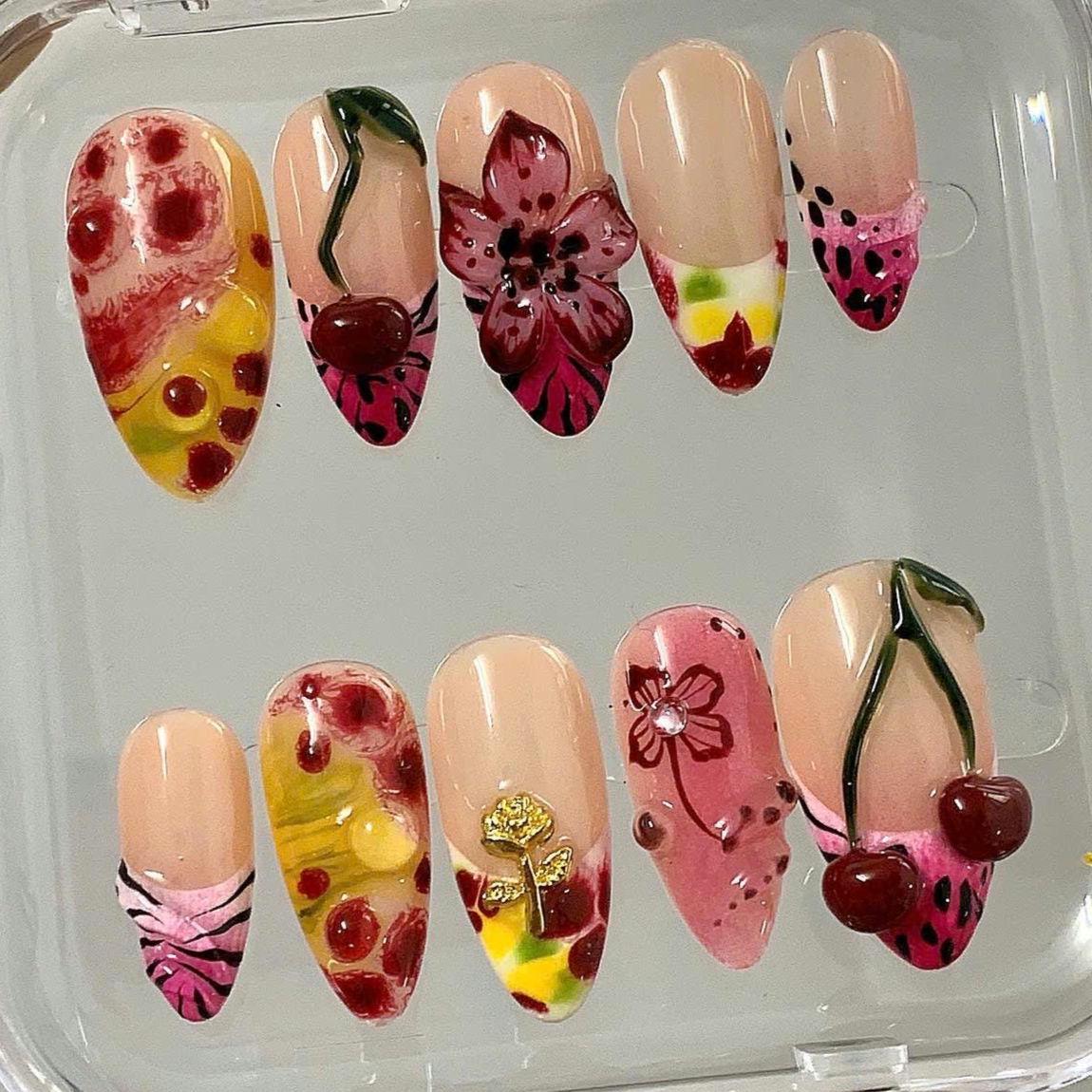 Cherry Floral Press On Nails | Nude Pink Fruit Nails | 3D Flower Sweet Nails