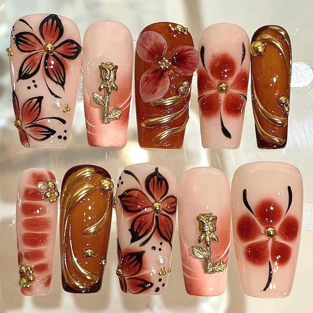 Nude Brown Floral Press On Nails | 3D Flower Nail Set