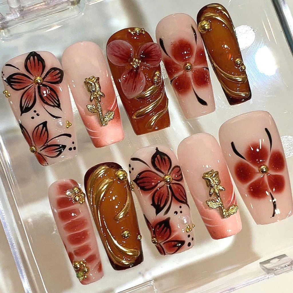 Nude Brown Floral Press On Nails | 3D Flower Nail Set