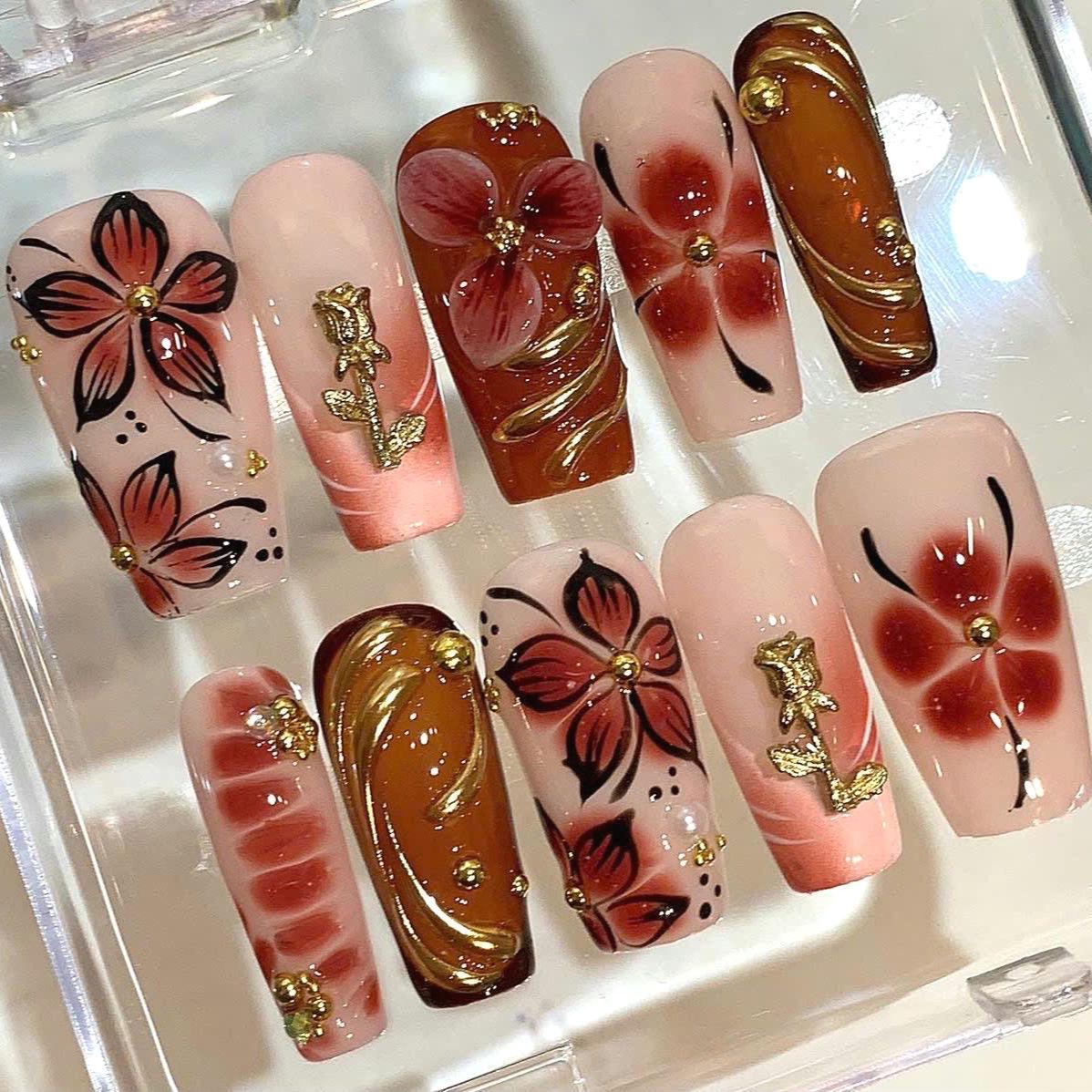 Nude Brown Floral Press On Nails | 3D Flower Nail Set