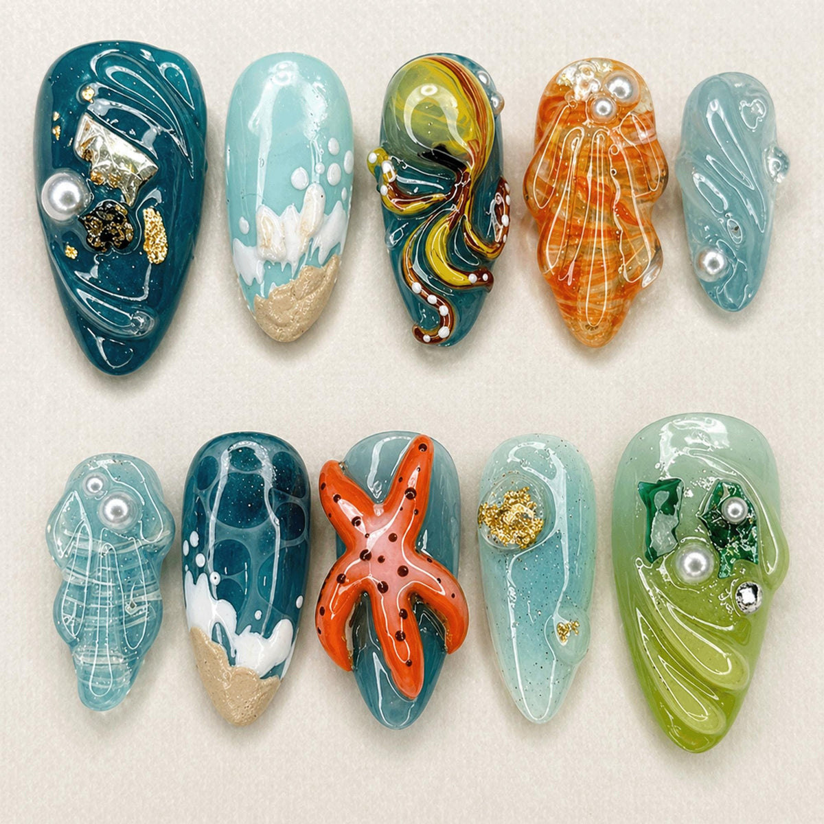 Mermaid Ocean Theme Press On Nails, 3D Sea Creatures Nails, Jellyfish Starfish Nails, Handmade Beach Nails