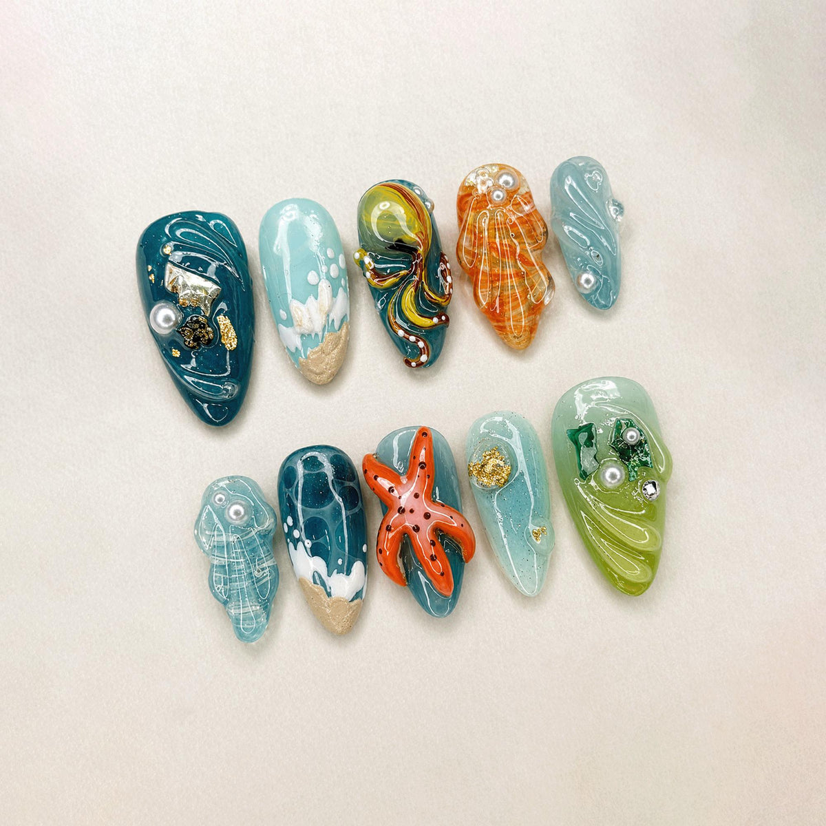 Mermaid Ocean Theme Press On Nails, 3D Sea Creatures Nails, Jellyfish Starfish Nails, Handmade Beach Nails
