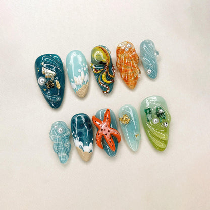 Mermaid Ocean Theme Press On Nails, 3D Sea Creatures Nails, Jellyfish Starfish Nails, Handmade Beach Nails