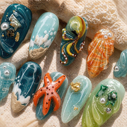 Mermaid Ocean Theme Press On Nails, 3D Sea Creatures Nails, Jellyfish Starfish Nails, Handmade Beach Nails