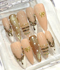 Nude Gold Press On Nails | Luxury Rhinestone Nails | Long Stiletto Nails | Elegant Pearl Nail Set | Handmade Reusable Nails