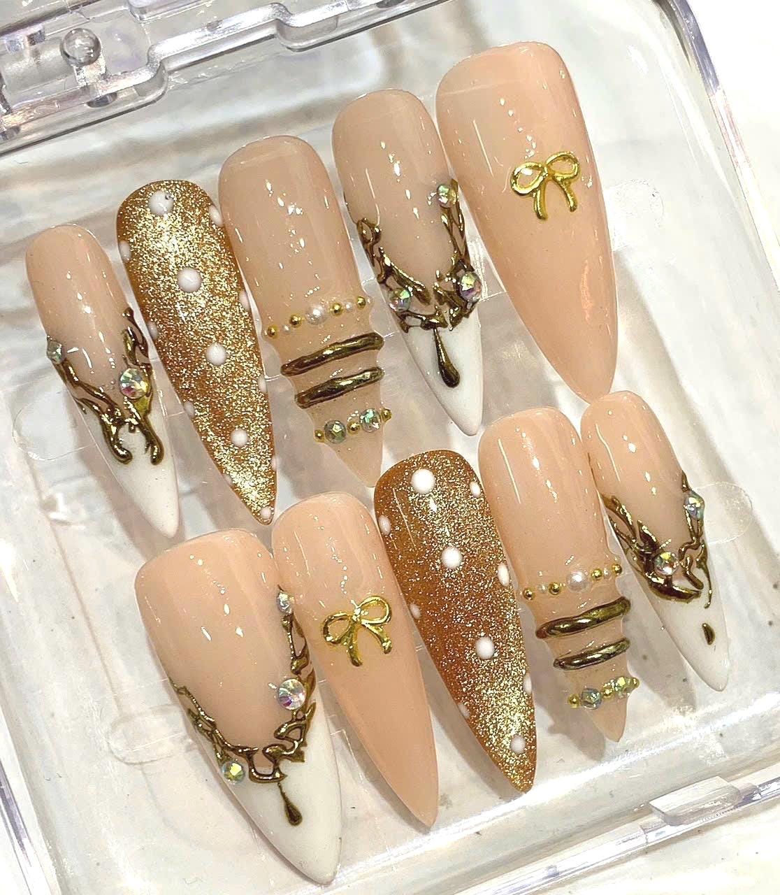 Nude Gold Press On Nails | Luxury Rhinestone Nails | Long Stiletto Nails | Elegant Pearl Nail Set | Handmade Reusable Nails