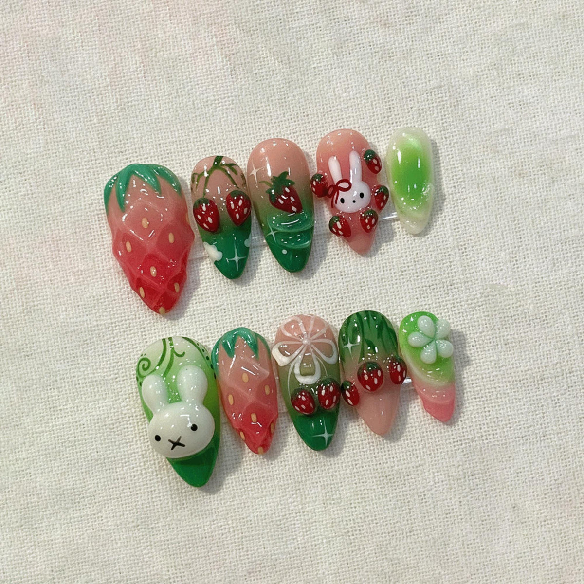 Strawberry Bunny Press On Nails, Kawaii 3D Cute Fruit Nails, Handmade Gel Nails, Green Pink Ombre Nails, Decoden Nails