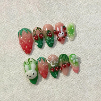 Strawberry Bunny Press On Nails, Kawaii 3D Cute Fruit Nails, Handmade Gel Nails, Green Pink Ombre Nails, Decoden Nails