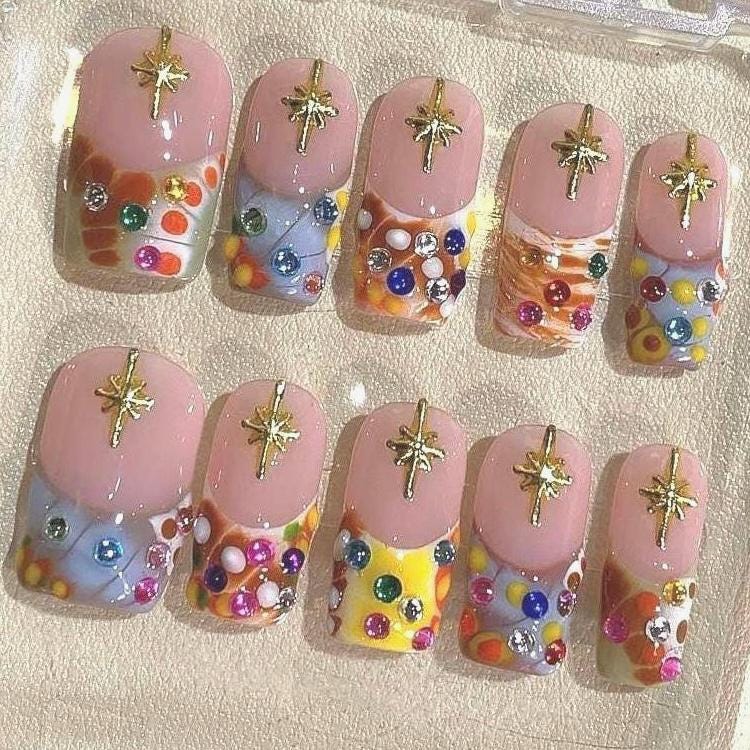 Rhinestone Press On Nails: 3D Star Charm Glitter Confetti Jelly Nails