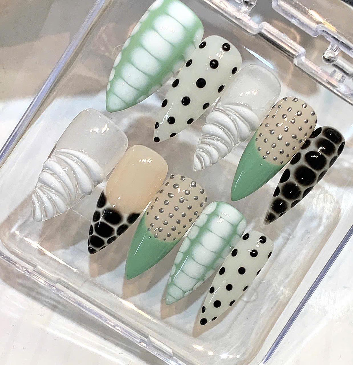 Mint Green Abstract Cow Print Stiletto Nails | Textured Statement Set