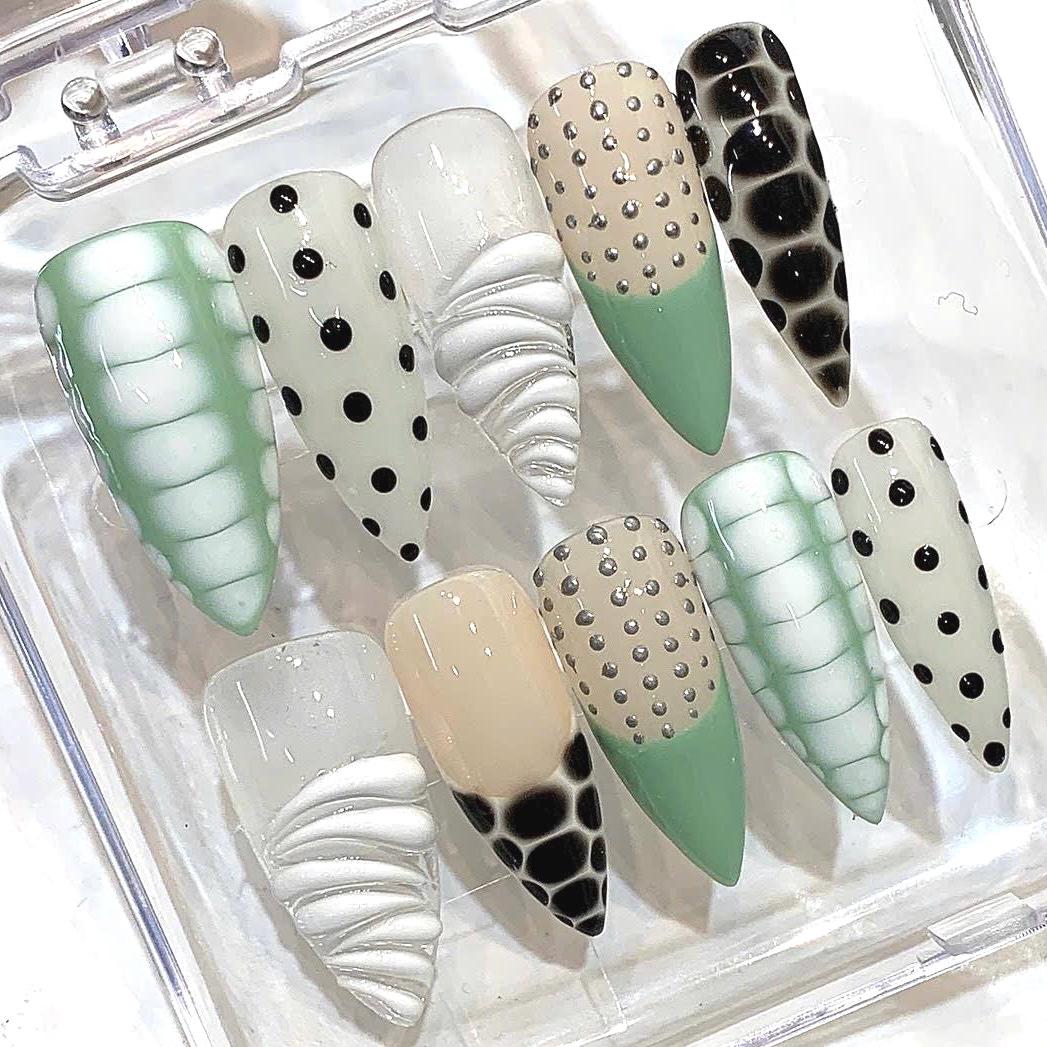 Mint Green Abstract Cow Print Stiletto Nails | Textured Statement Set
