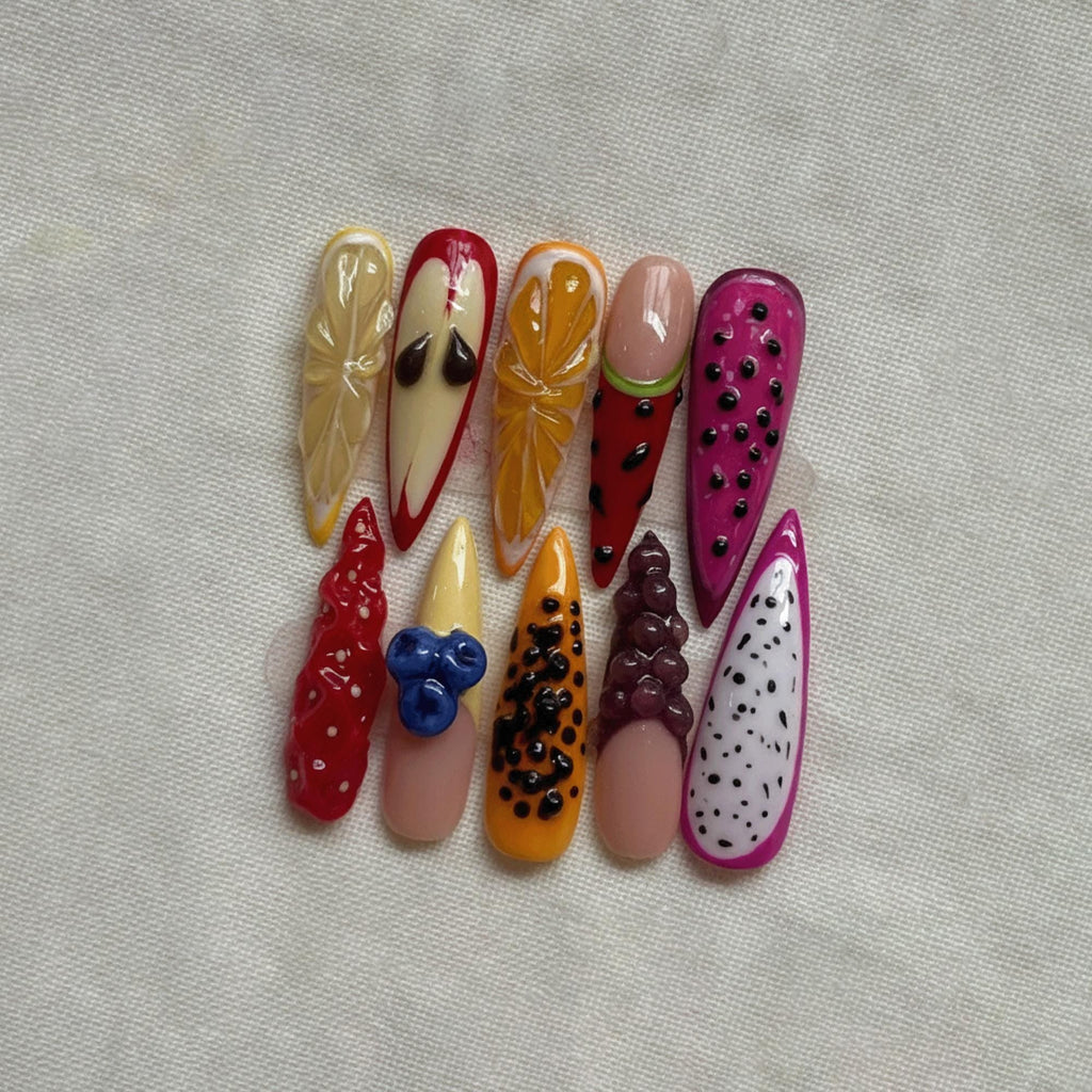 3D Fruit Kawaii Press On Nails, Handmade Strawberry Lemon Grape Nail Designs, Cute Summer Nails