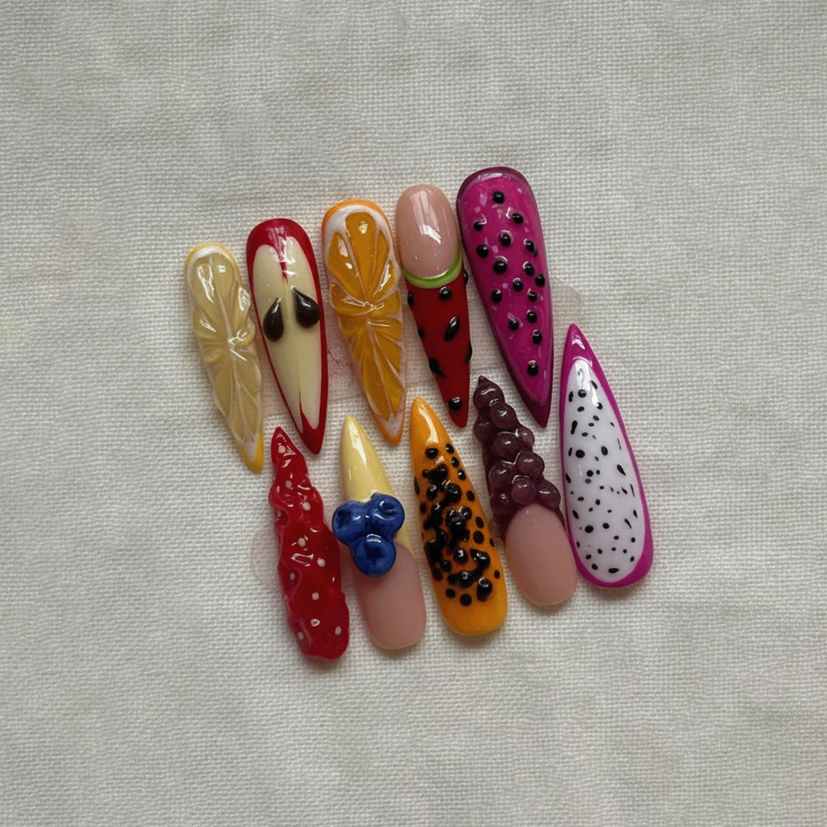 3D Fruit Kawaii Press On Nails, Handmade Strawberry Lemon Grape Nail Designs, Cute Summer Nails