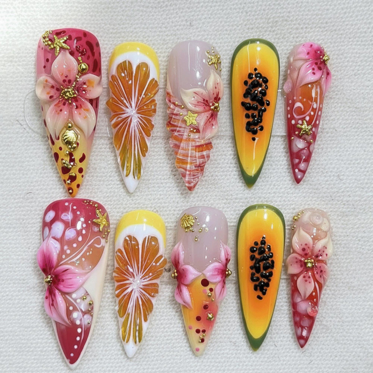 Tropical Fruit Press On Nails, Handmade 3D Flower Nails, Summer Nail Designs, Vacation Nail Art