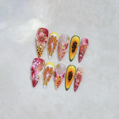 Tropical Fruit Press On Nails, Handmade 3D Flower Nails, Summer Nail Designs, Vacation Nail Art