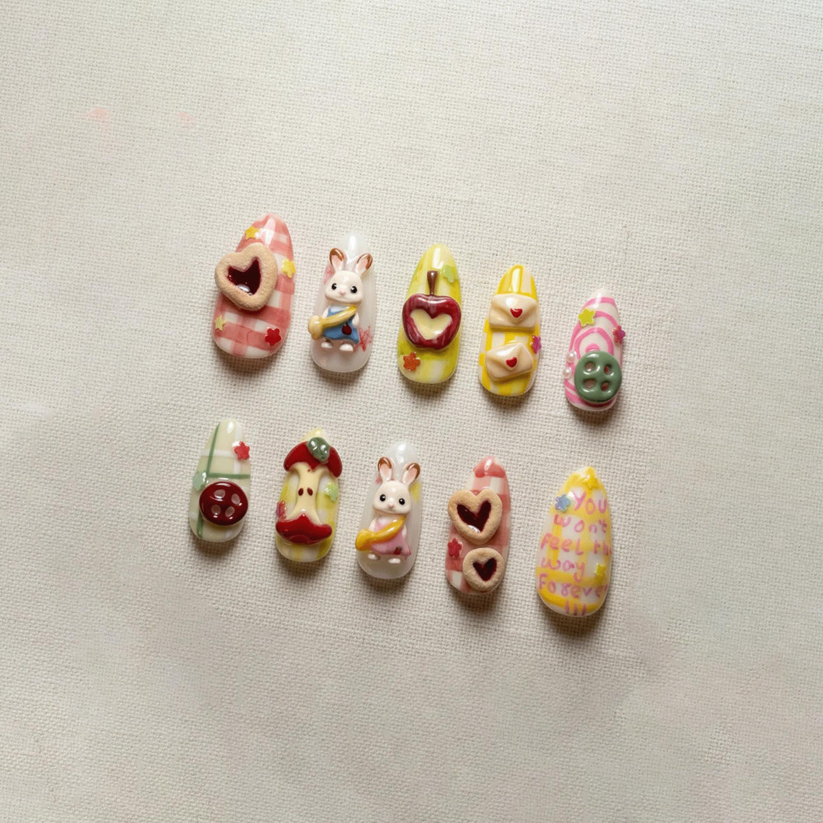 3D Bunny Kawaii Press On Nails, Handmade Dessert Cottagecore Nails, Cute Pastel Gingham Nail Designs