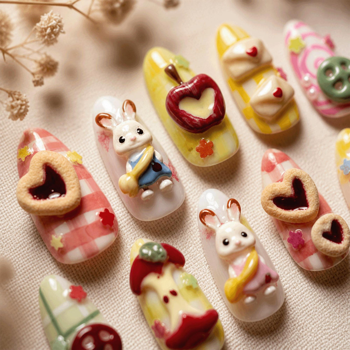 3D Bunny Kawaii Press On Nails, Handmade Dessert Cottagecore Nails, Cute Pastel Gingham Nail Designs