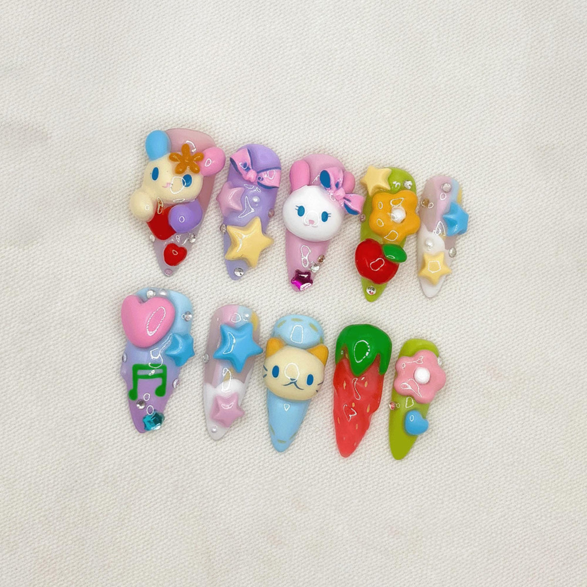 3D Cute Kawaii Press On Nails, Handmade Cartoon Character Nails, Pastel Bunny Cat Nails, Gift For Her
