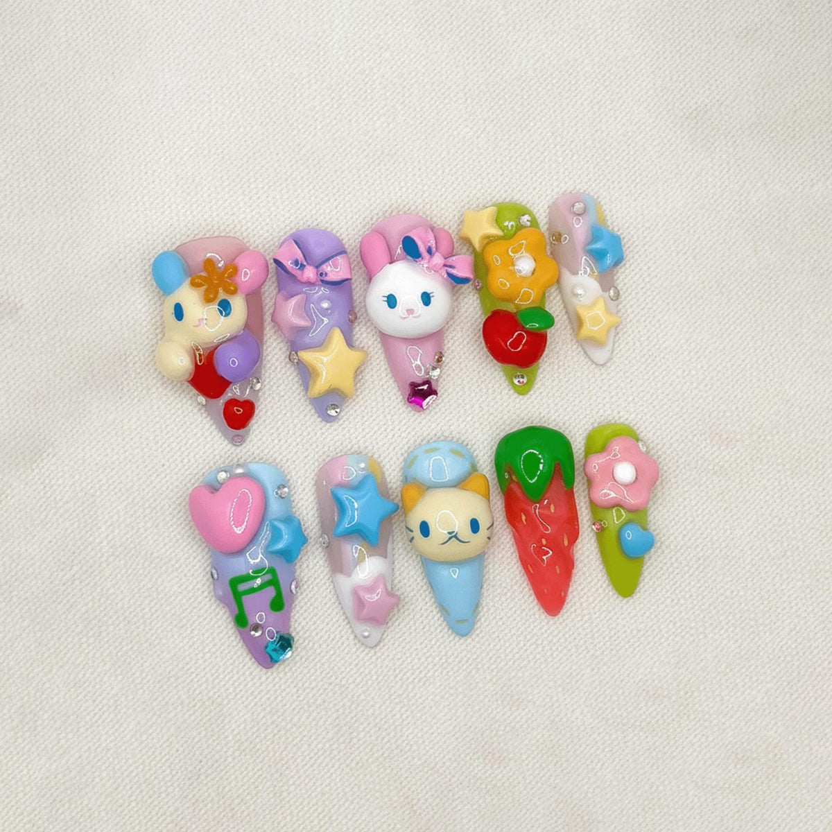 3D Cute Kawaii Press On Nails, Handmade Cartoon Character Nails, Pastel Bunny Cat Nails, Gift For Her