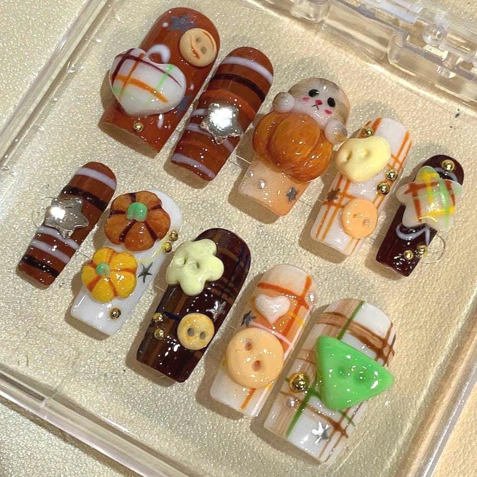 Kawaii Cookie Bear Press On Nails: 3D Autumn Nail Art