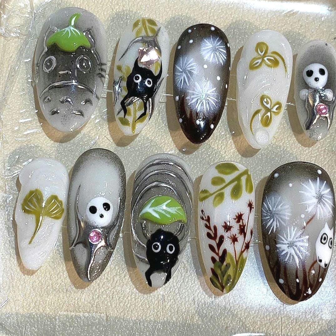 Totoro Press On Nails: Anime Forest Spirit, Handmade Nail Set