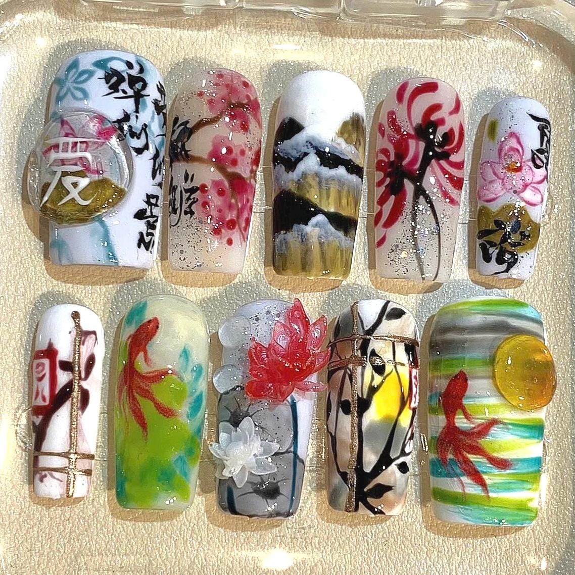 Hand-Painted Asian Art Press On Nails: Koi Fish & Lotus Design