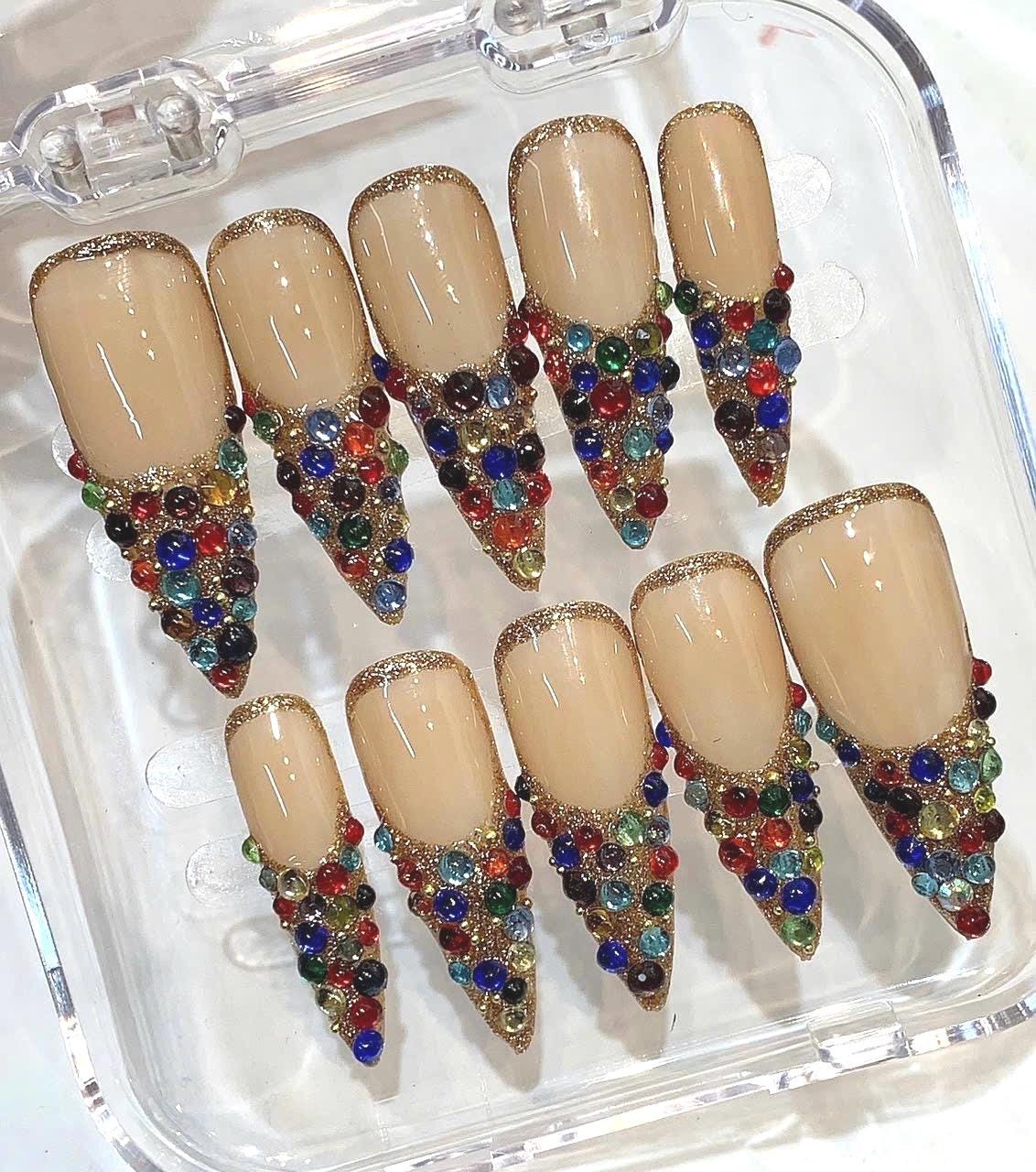 Luxury Rhinestone Press On Nails | Nude Gold Glitter French Tip with Colorful Gems | Glam Stiletto Nails | Handmade Statement Nail Set Gift