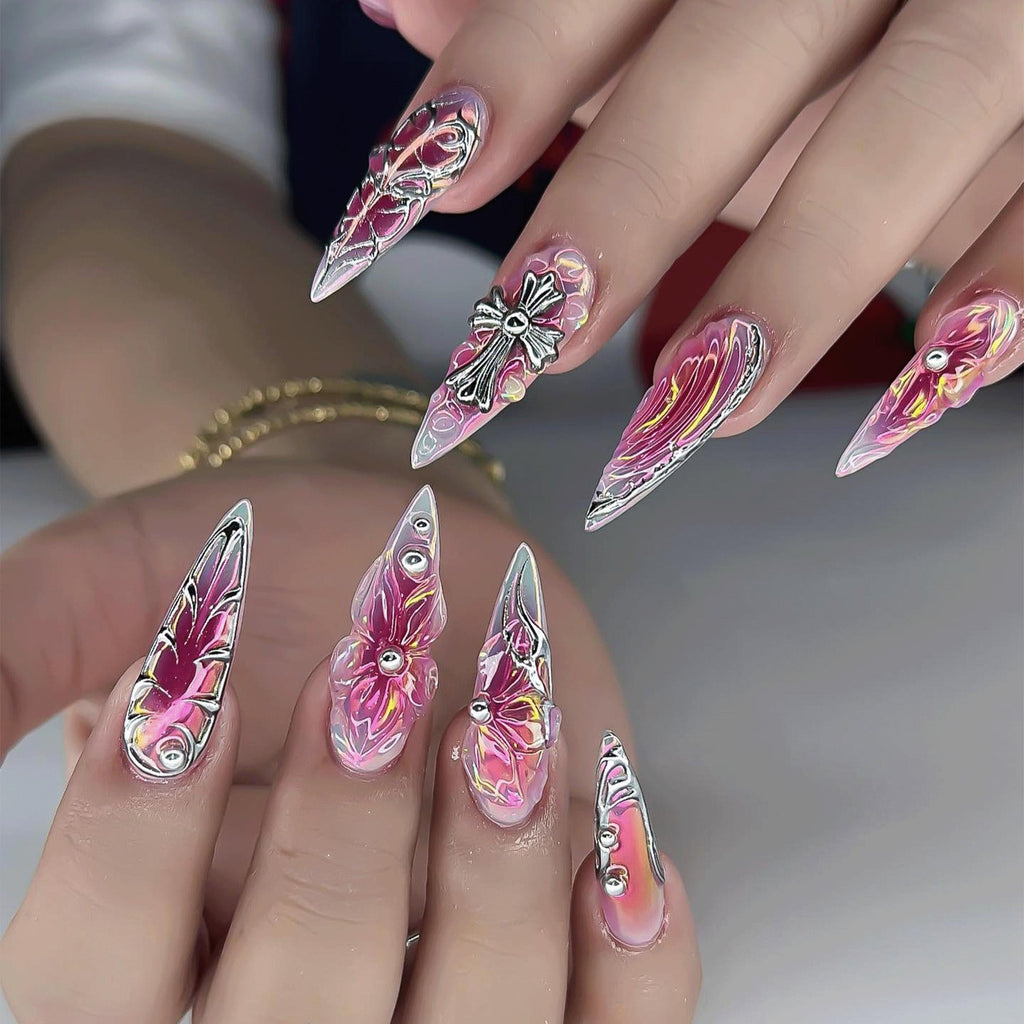 Gothic Cross Chrome Press On Nails, Pink Purple Aura Nails, 3D Floral Cyber Nails, Luxury Stiletto Handmade Nails