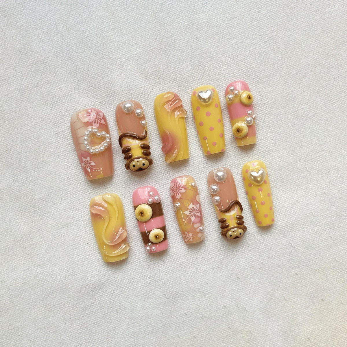3D Monkey Kawaii Press On Nails, Yellow Animal Summer Nails, Handmade Cute Banana Fake Nails