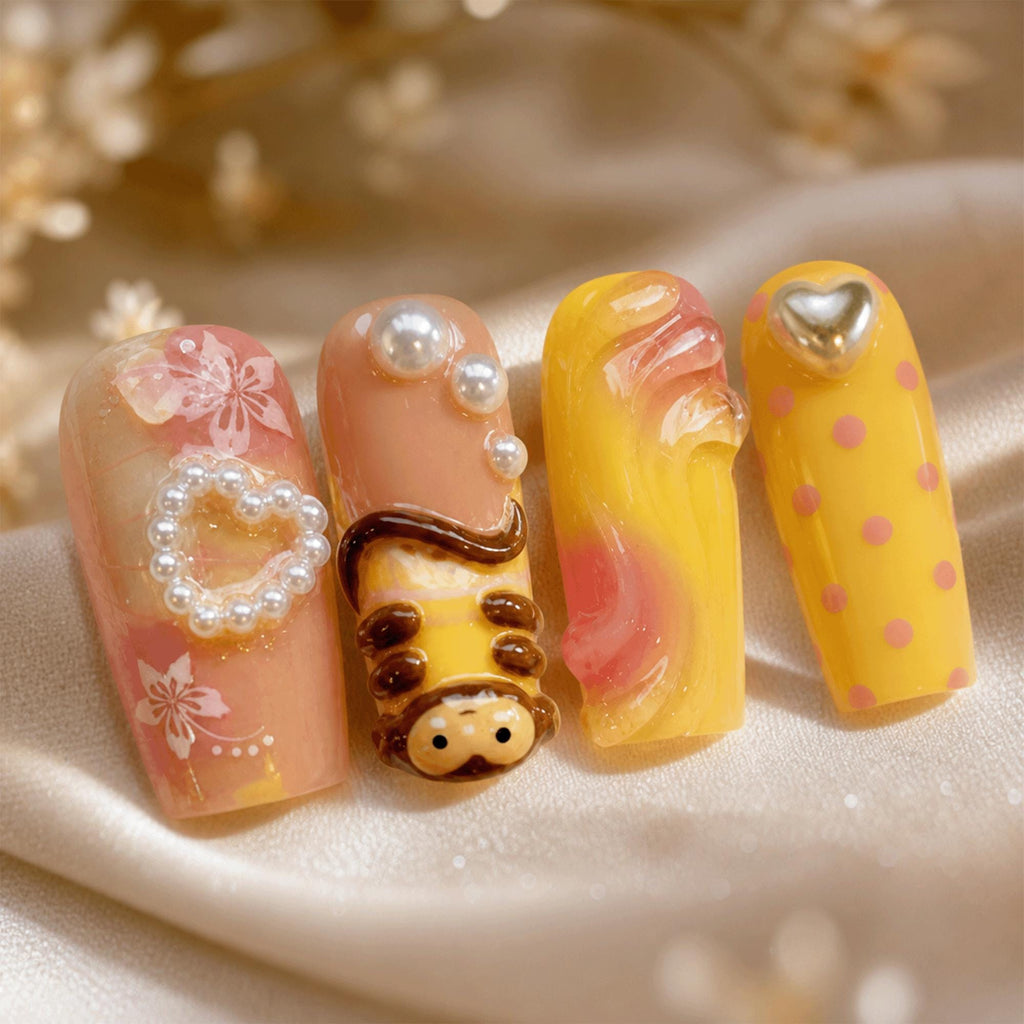 3D Monkey Kawaii Press On Nails, Yellow Animal Summer Nails, Handmade Cute Banana Fake Nails