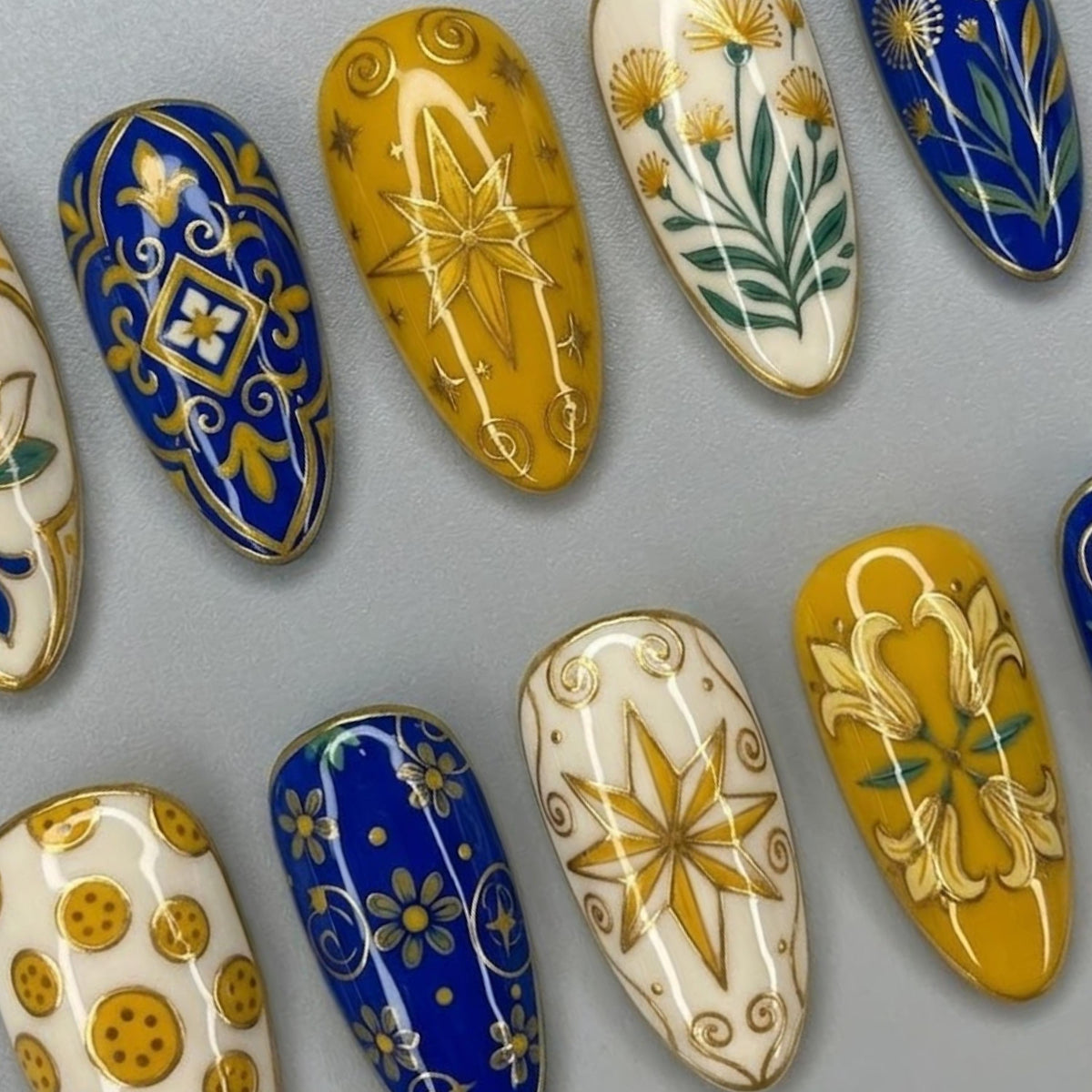 Celestial Botanical Press On Nails | Elegant Almond Nails | Lotus, Dandelion, Star & Gold Pattern Nail Art | Glossy Boho Celestial Nails