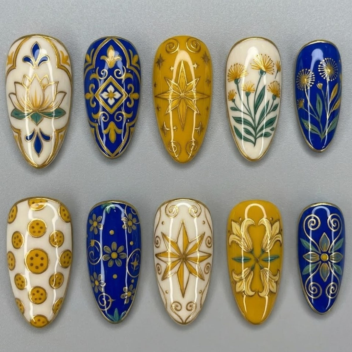 Celestial Botanical Press On Nails | Elegant Almond Nails | Lotus, Dandelion, Star & Gold Pattern Nail Art | Glossy Boho Celestial Nails